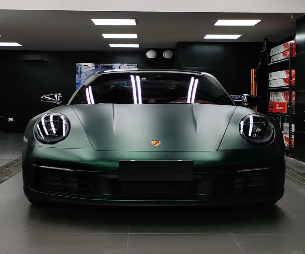 Matte Venom Green car wrap with aggressive performance styling