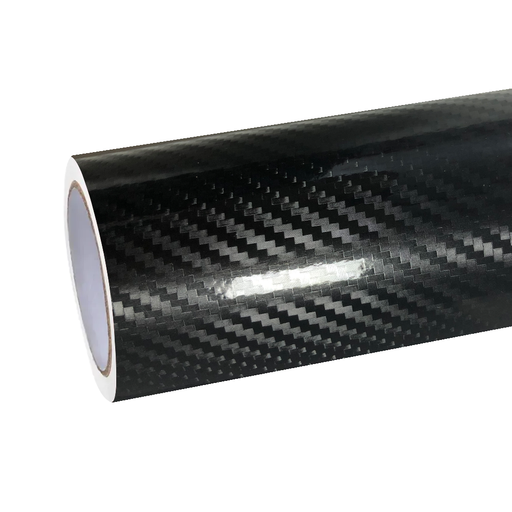 Close-up studio shot of an unrolled ALUKOCARWRAP 5D carbon fiber car wrap material, highlighting the deep geometric weave matrix and thick gloss top coat.