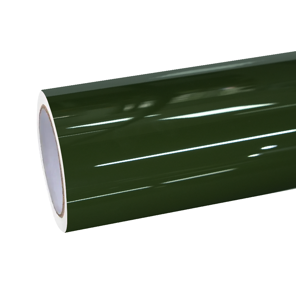 High-angle view of a premium roll of ALUKOCARWRAP Gloss Crystal Army Green Car Vinyl Wrap PET, showing its embedded microscopic crystal flakes.
