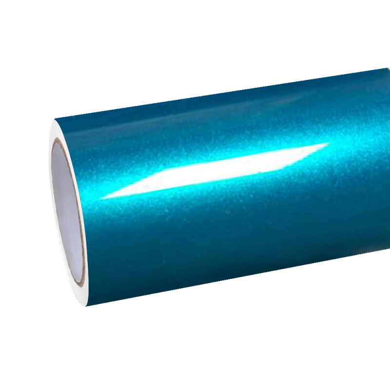 Gloss metallic atomic teal blue car vinyl wrap PET film, a dynamic color option to contrast with super glossy piano black.