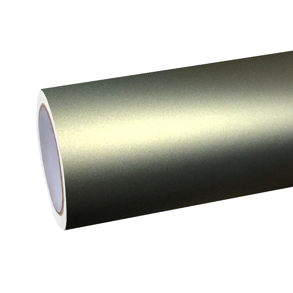 Unrolled texture view of ALUKOCARWRAP Matte Bamboo Green Car Vinyl Wrap, displaying the flat satin pigment and premium anti-wrinkle air-release backing.