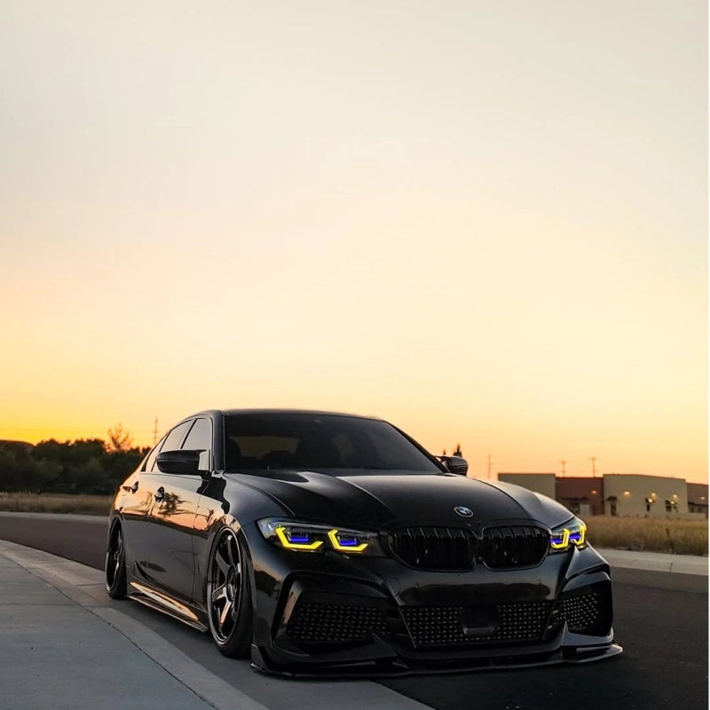 Premium vehicle wrapped in super glossy glossy black vinyl wrap PET, a classic styling option next to rainbow laser wrap.