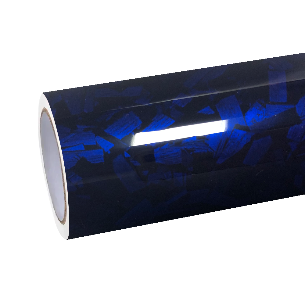 A pristine roll of ALUKOCARWRAP Carbon Fiber Car Wrap in forged blue, exhibiting the chaotic marble-like composite flakes under flat PET gloss film layer.