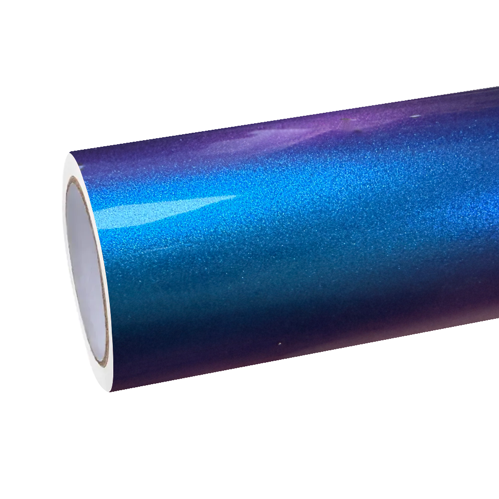 ALUKOCARWRAP gloss chameleon vinyl wrap in shifting blue purple tones installed on a luxury sports car contour.