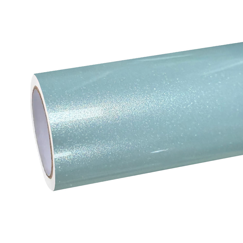 Premium ALIKOCARWRAP gloss metallic car wrap in celadon green being installed on a vehicle, showing smooth PET liner.