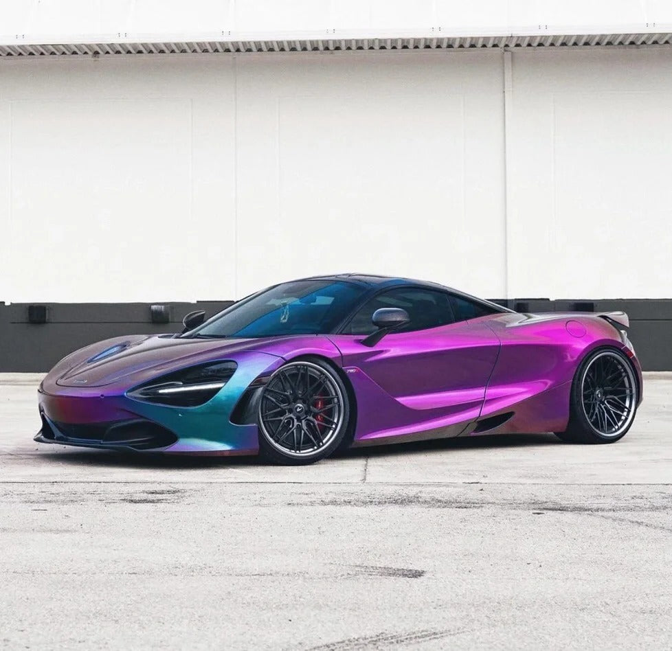 Detailed close-up of ALUKOCARWRAP Gloss Metallic Chameleon Purple Blue Car Vinyl Wrap PET, highlighting its smooth, air-release textured adhesive backing.