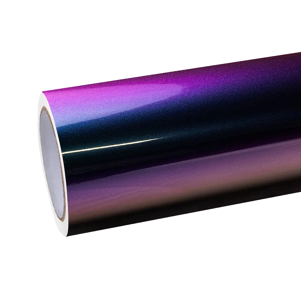 Gloss metallic chameleon yellow purple car vinyl wrap PET roll, showcasing the high-gloss purple car wrap color flip.