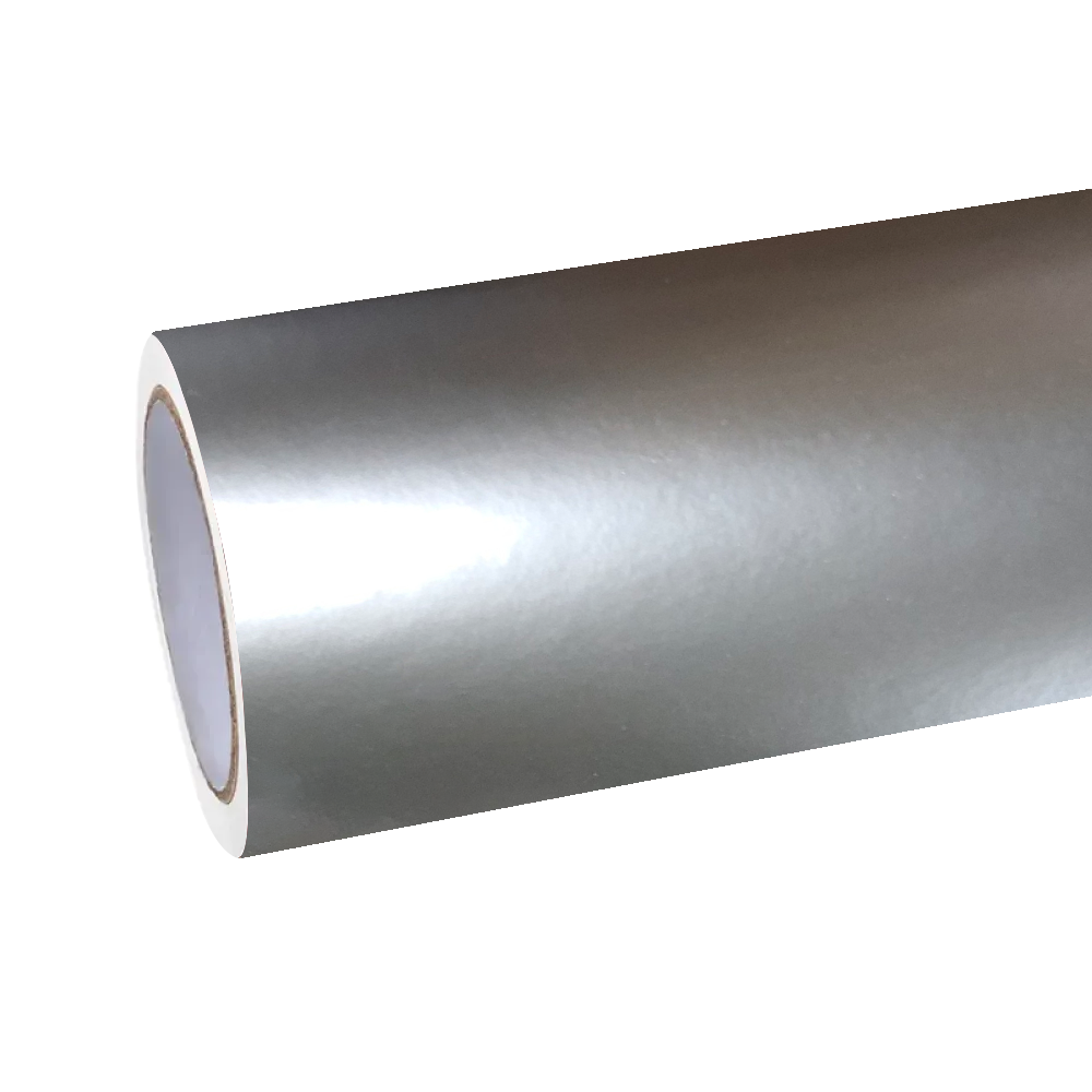 Industrial close-up of an unrolled ALUKOCARWRAP champaign gold car wrap roll, demonstrating the zero-distortion reflection powered by its ultra-smooth PET backing.