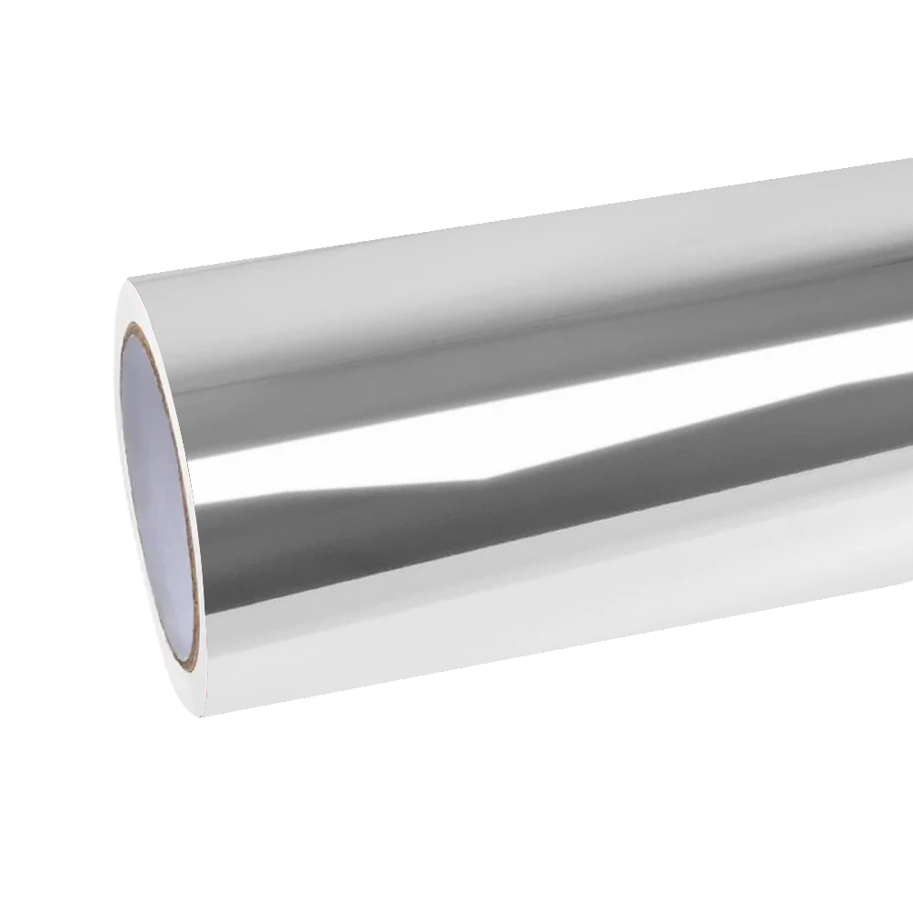 Industrial close-up of an unrolled ALUKOCARWRAP gloss mirror chrome car wrap roll, highlighting the laser-flat perfection of the premium PET release liner.