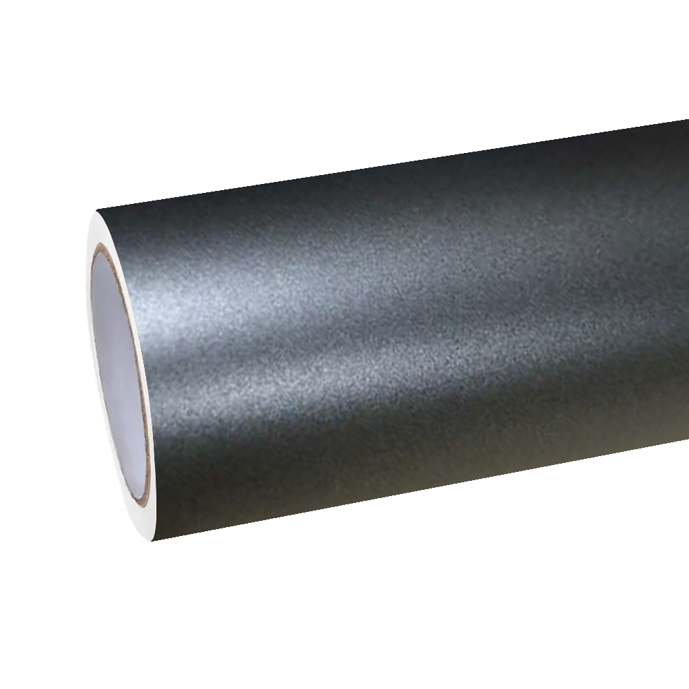 A premium roll of ALUKOCARWRAP dark grey car wrap with PET liner, showcasing non-glare micro-metallic flakes and deep tone.