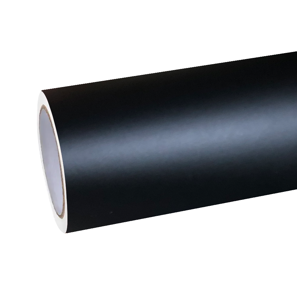 Unrolled ALUKOCARWRAP Matte Ultimate Flat Deep Black Car Vinyl Wrap roll, displaying a pure, light-absorbing true black base.
