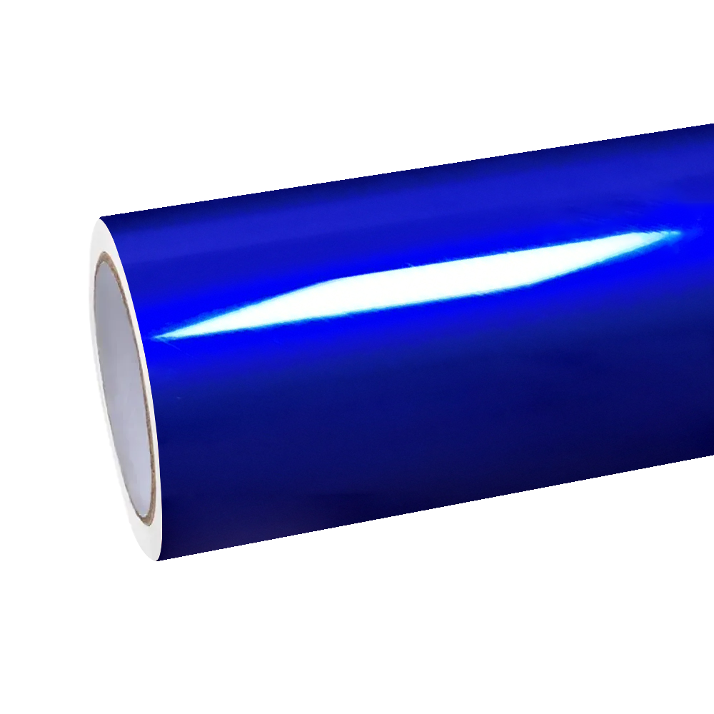An untouched roll of ALUKOCARWRAP Metallic Blue Car Wrap PET, displaying the zero-distortion deep blue car wrap material.
