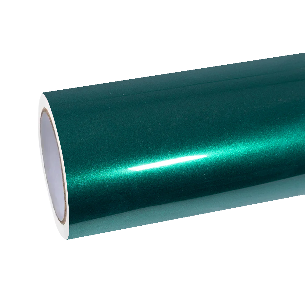 A premium roll of ALUKOCARWRAP Gloss Metallic Chameleon Deep Sea Green Car Vinyl Wrap featuring the ultra-smooth protective PET liner.