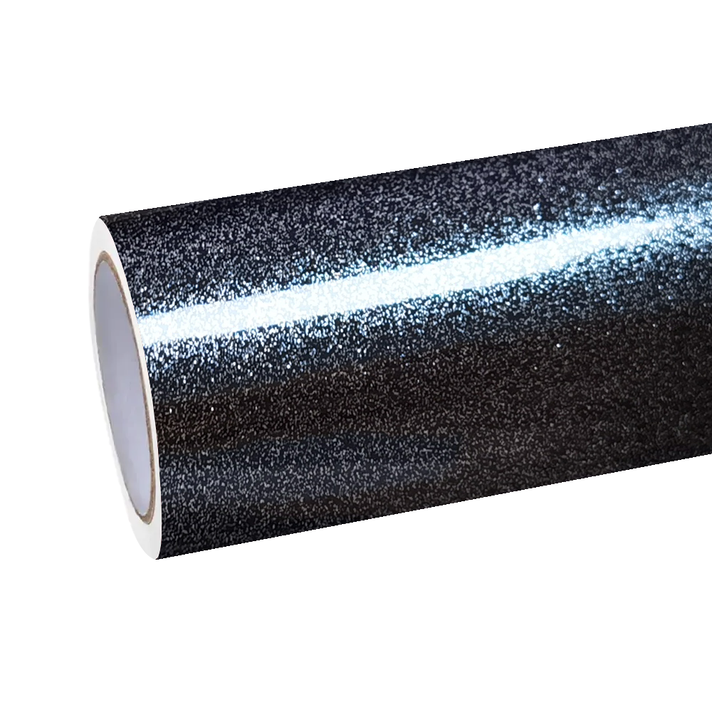 ALUKOCARWRAP gloss metallic car wrap showcasing diamond graphite mineral gray pigment reflection on vinyl roll surface.