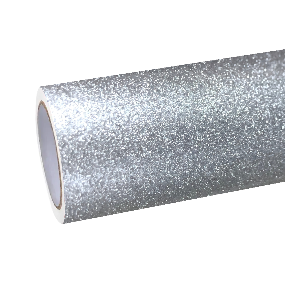 Dramatic low-angle view of ALUKOCARWRAP Gloss Metallic Diamond Silver Car Vinyl Wrap showcasing intense diamond flake brilliance and deep liquid shine.