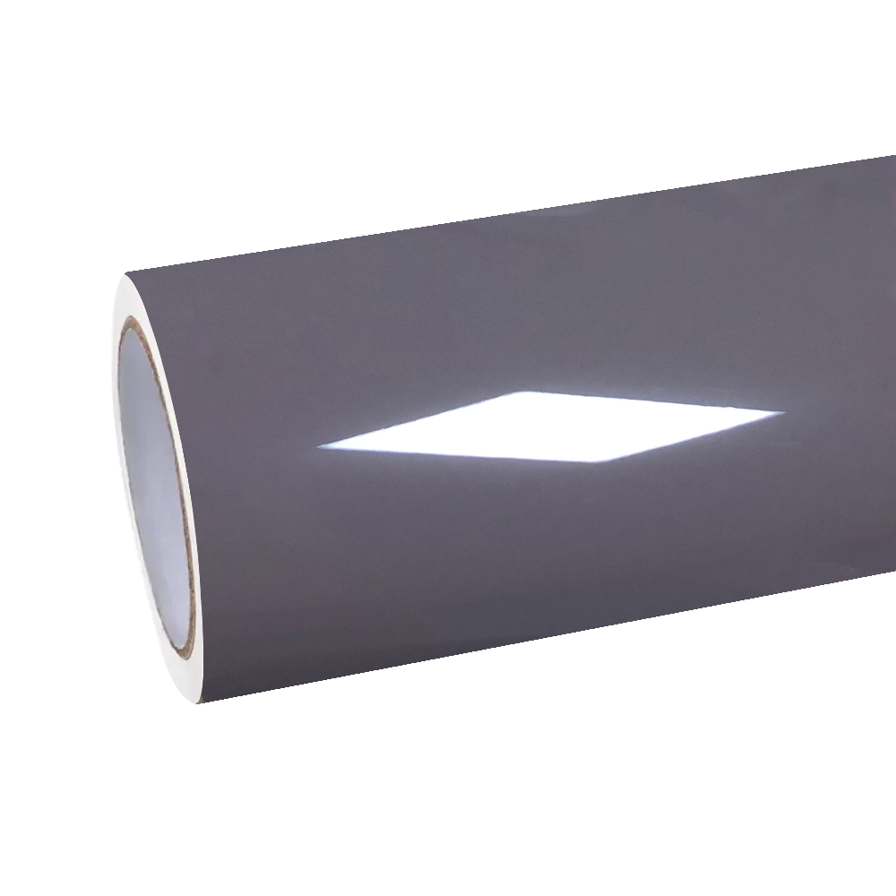 A brand new roll of ALUKOCARWRAP Gloss Dove Grey PET film, displaying the unrolled sleek grey car wrap vinyl with its protective gloss layer.