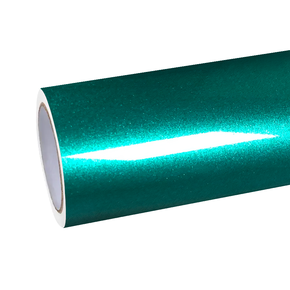 A standard factory roll of gloss metallic emerald green car wrap featuring the advanced PET protection backing to eliminate any paint orange peel textures.