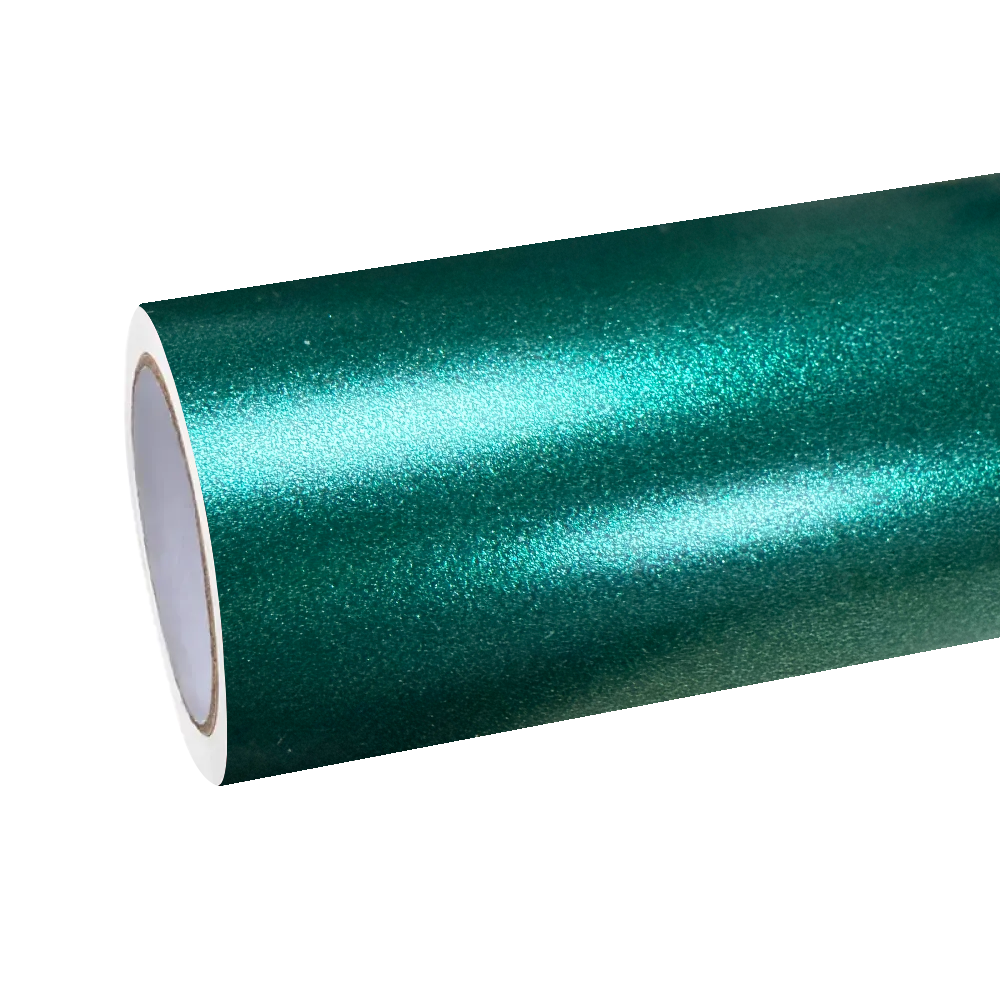 Unrolled ALUKOCARWRAP Matte Metallic Emerald Green Car Vinyl Wrap roll, revealing the true luxury satin metallic texture.