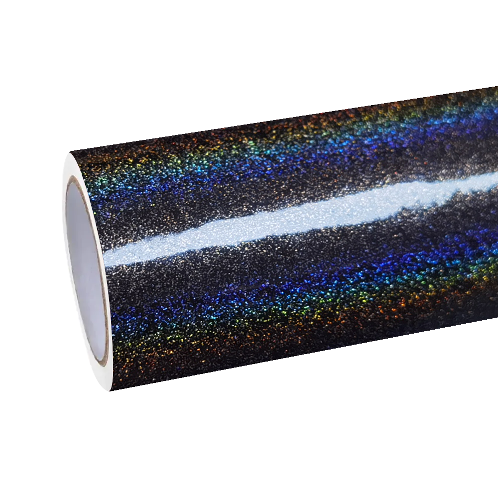 ALUKOCARWRAP Rainbow Laser Flip Psychedelic Grey Car Wrap film roll, showing the holographic prism effect over a gloss grey car wrap base.