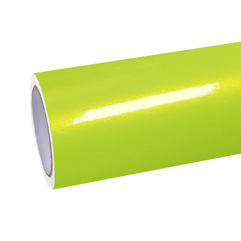 An untouched roll of ALUKOCARWRAP Neon Yellow Car Wrap, displaying the premium high-definition gloss car wrap vinyl material.