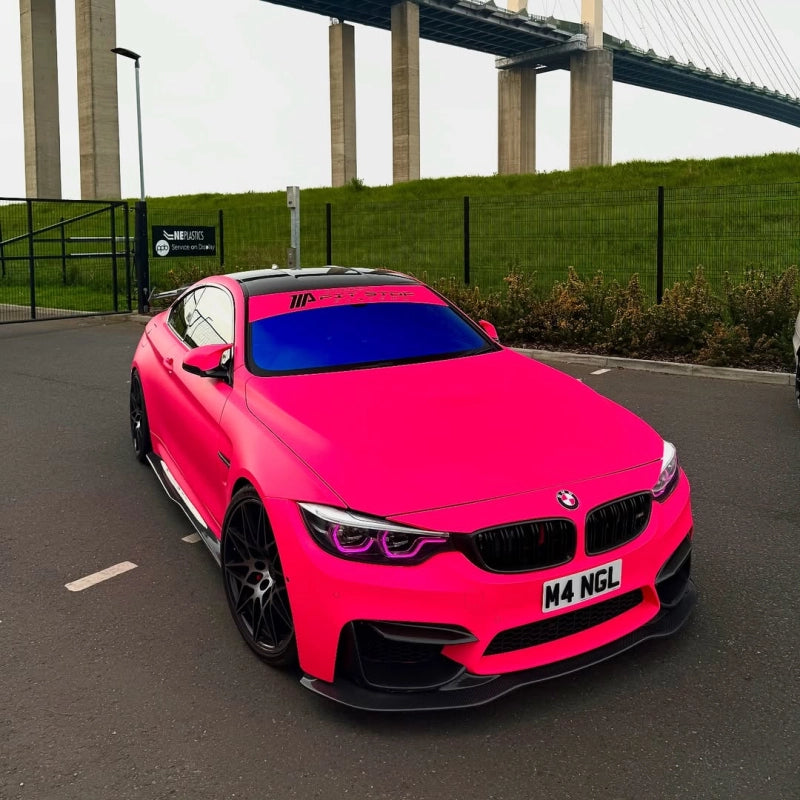 Full vehicle wrap with ultimate flat fluorescent pink car vinyl wrap PET, vibrant hot pink car wrap style by ALUKOCARWRAP.
