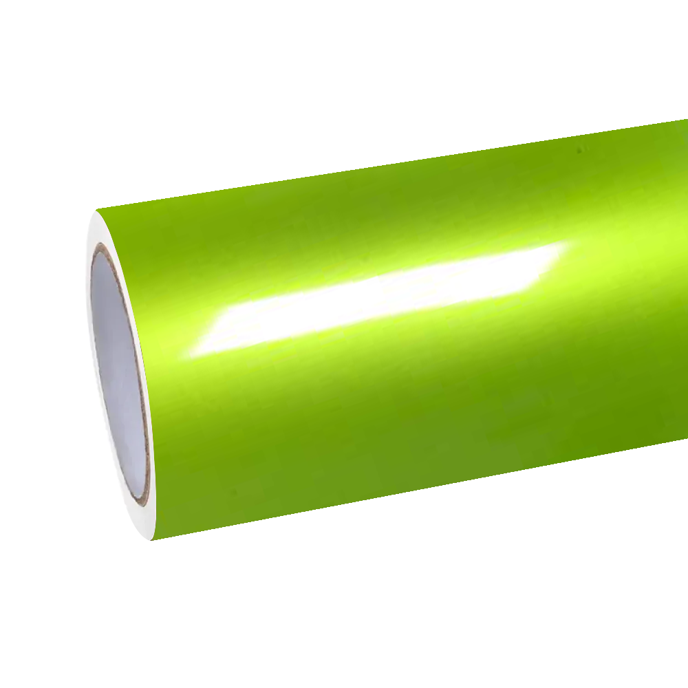 A new roll of ALUKOCARWRAP Gloss Liquid Fluorescent Neon Yellow Car Vinyl Wrap PET showcasing the vibrant neon color and premium liner.