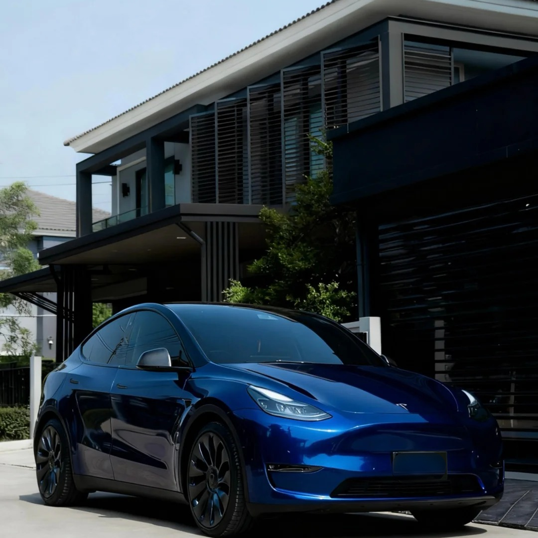 Low-angle tracking shot of a vehicle fender using ALUKOCARWRAP Gentian Blue Car Wrap during dusk, showing the deep indigo undertones in the shaded body recesses.