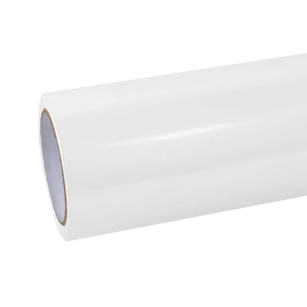 Close-up view of an unrolled ALUKOCARWRAP ghost white car wrap roll, revealing the premium ceramic depth and glossy protective top layer.
