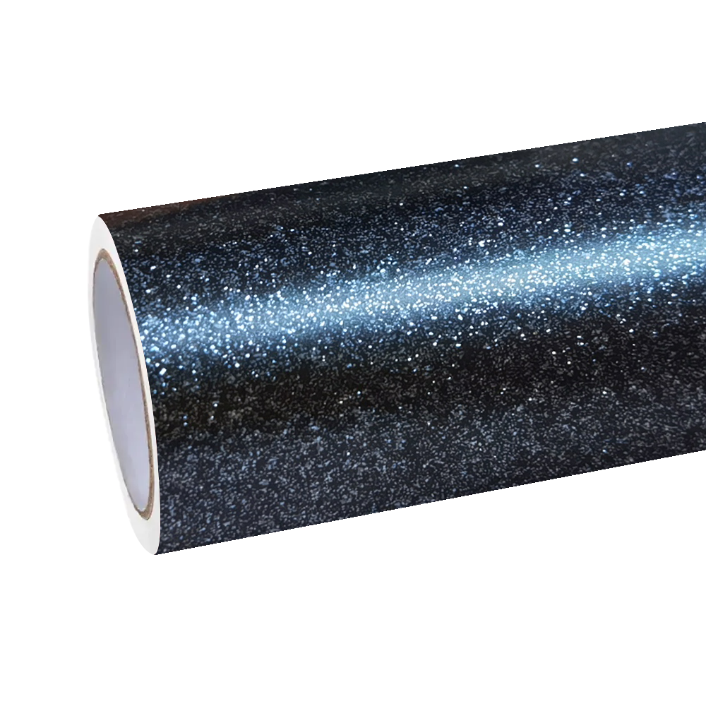 Close-up on the obsidian core of ALUKOCARWRAP glitter black car wrap, showcasing the dense constellation of celestial micro-glitters.