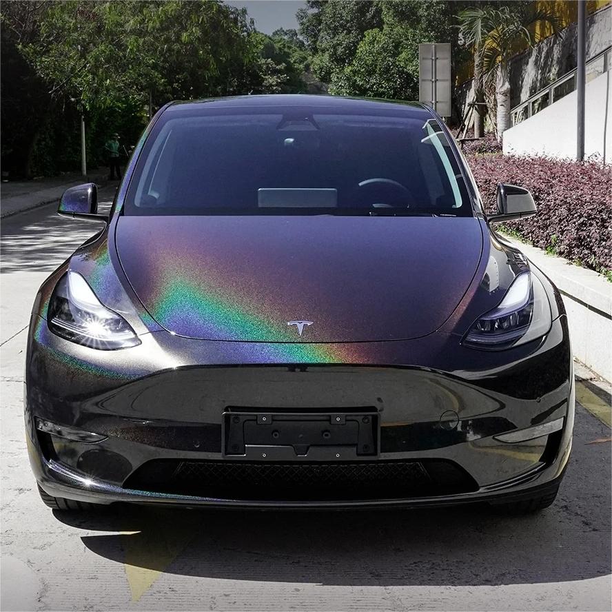 Intense multi-color neon lasers splitting into a cyberpunk prism on an ALUKOCARWRAP Rainbow Laser Car Wrap fender view.