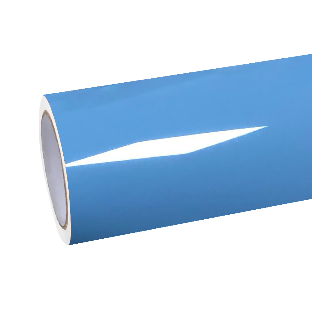 A pristine roll of ALUKOCARWRAP hazy blue car wrap with protective PET liner, showcasing high-definition mirror gloss.