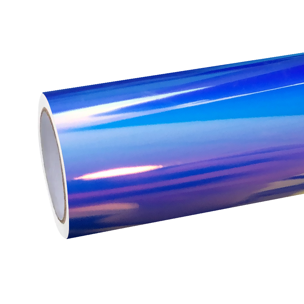 Premium ALUKOCARWRAP gloss holographic rainbow chrome car wrap displaying a brilliant laser electroplated blue spectrum finish.