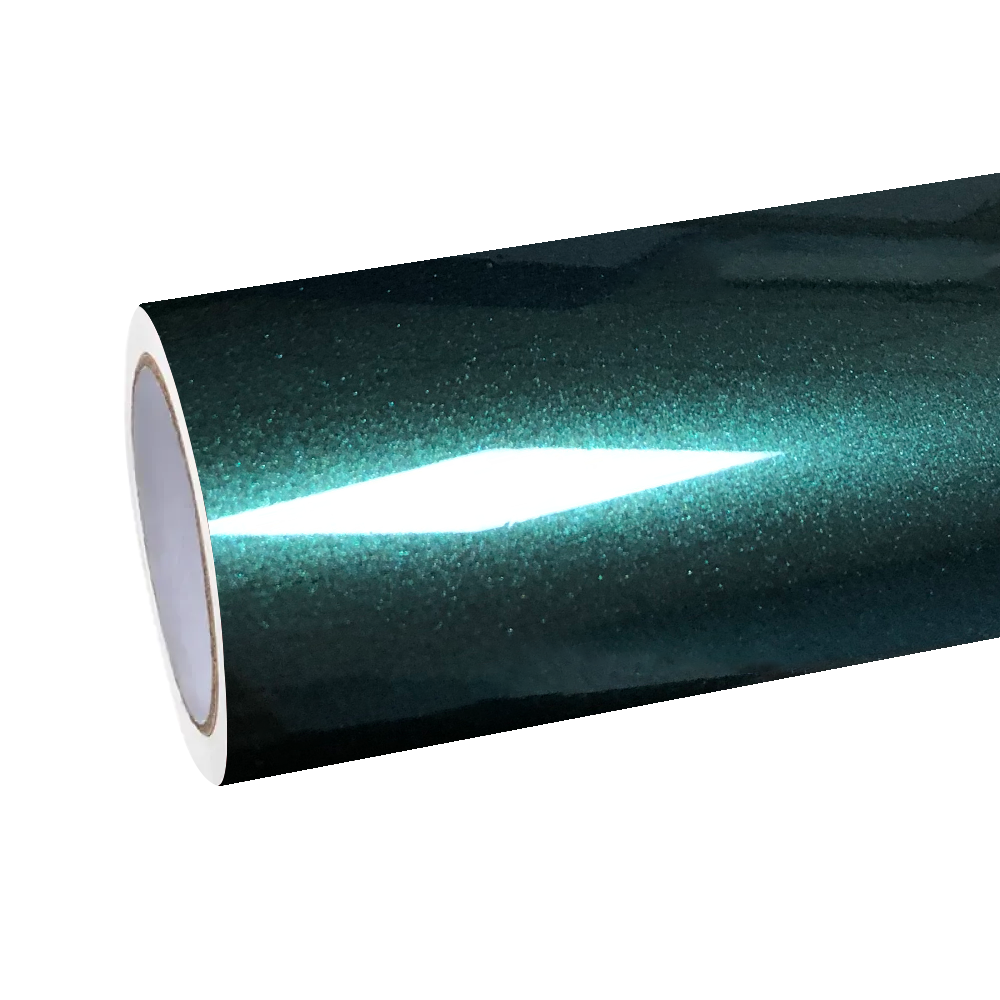 A roll of ALUKOCARWRAP premium dark green car wrap with gloss metallic finish for automotive exterior styling.