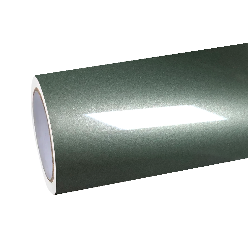 ALUKOCARWRAP Gloss Metallic Olive Green Car Vinyl Wrap PET applied on car hood showing deep metallic flake texture
