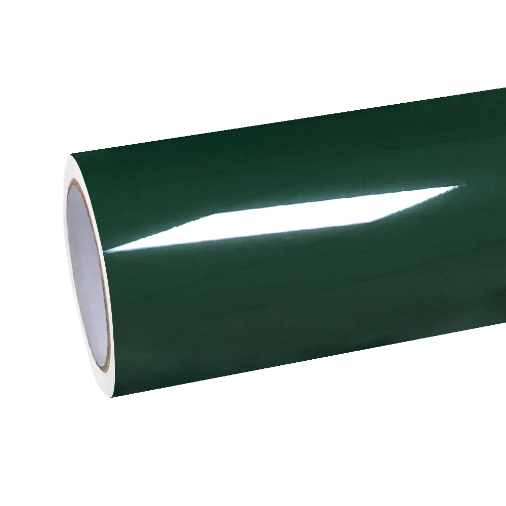 Close-up view of a high-end gloss British racing green vinyl wrap roll with advanced PET liner, featuring an orange-peel-free smooth material texture for professional installers.