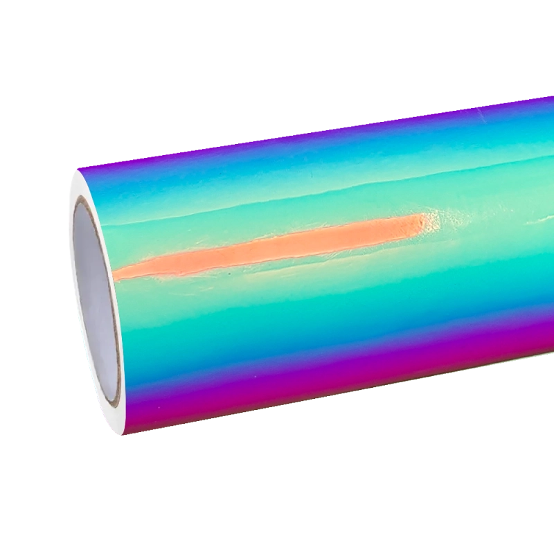 Roll of white gloss rainbow holographic chrome car vinyl wrap PET material, high-end automotive wrapping film stock.
