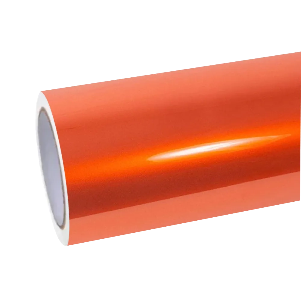 High-gloss metallic fiery orange car vinyl wrap, premium PET liner automotive wrap film for vehicle color change.