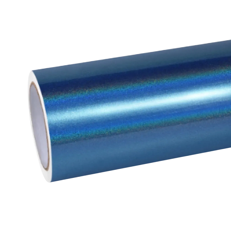 Close-up of gloss metallic rainbow laser blue vinyl wrap roll, showcasing the high-gloss laser color shift finish.