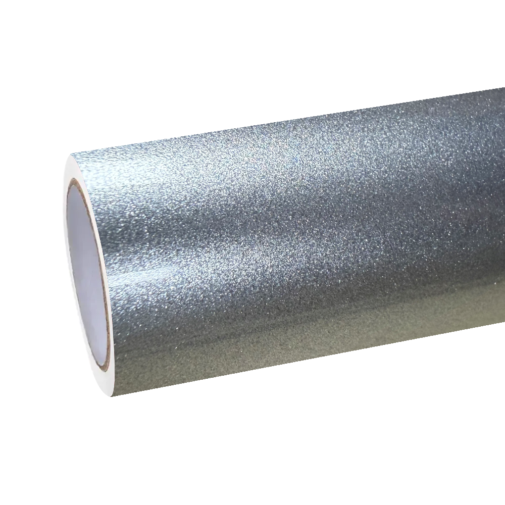 ALUKOCARWRAP Gloss Metallic Lava Silver Car Vinyl Wrap with premium PET liner on a luxury sports car.