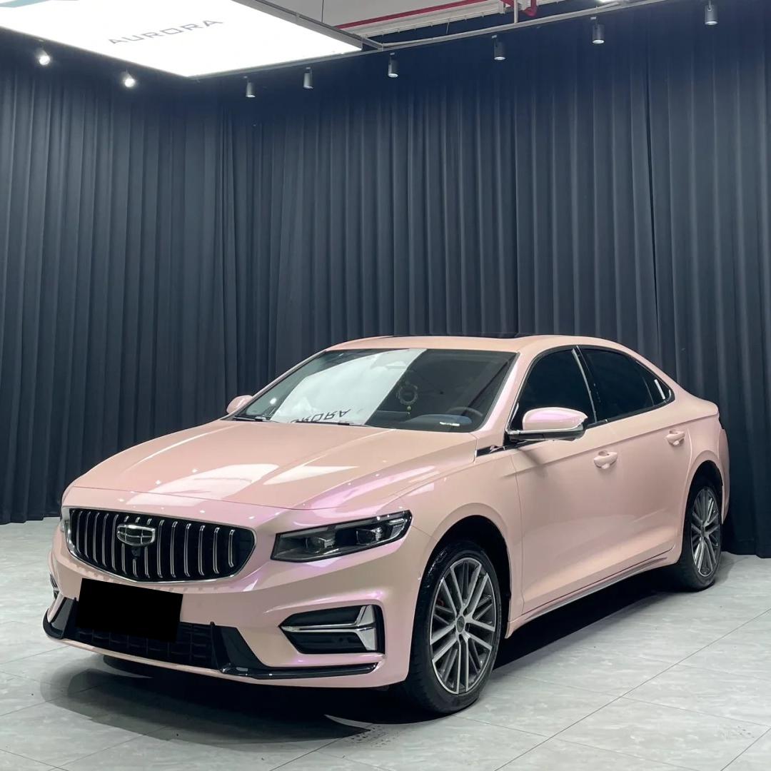 Cosmic dusk tones shifting on a luxury EV in Gloss Metallic Purple Pink Car Vinyl Wrap PET, showing vibrant neon highlights.