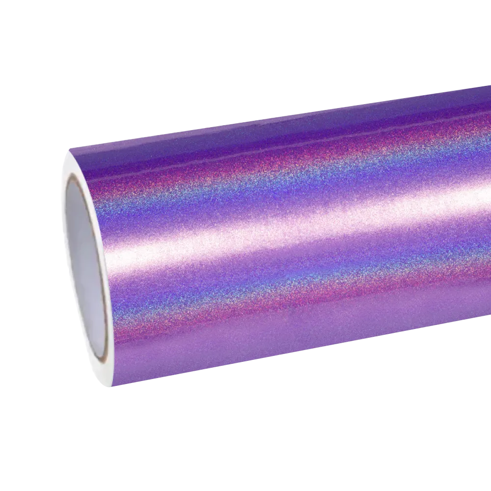 Premium roll of Gloss Metallic Rainbow Laser Purple Car Vinyl Wrap, highlighting the multi-tone laser layer and gloss finish.