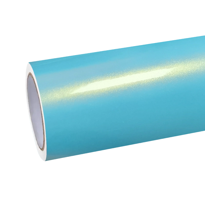A roll of Aluko metallic neon ice blue car vinyl wrap, professional ultra-gloss wrapping vinyl with premium air-release channels.