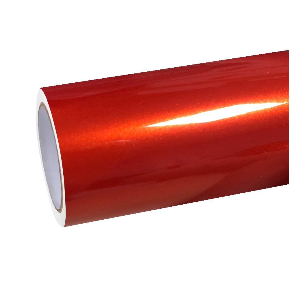 A roll of premium gloss metallic paint orange car vinyl wrap PET showcasing the reflective metallic flakes under studio lighting.