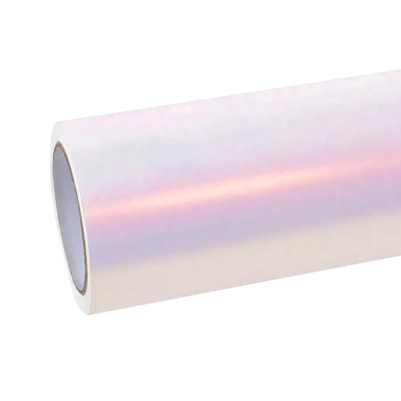 Chameleon white car wrap PET roll featuring premium iridescence, blending into a heavy gloss metallic pink vinyl wrap gloss.