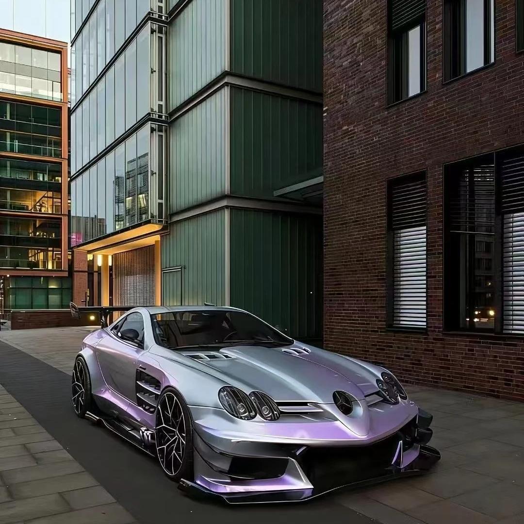 Dynamic silver purple car wrap with an intense metallic chameleon flip effect coated on a luxury sedan.
