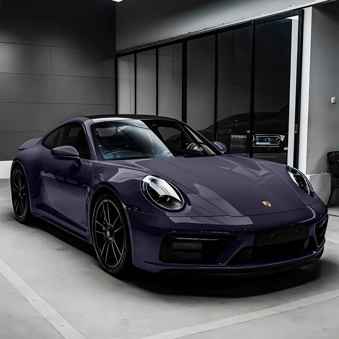 ALUKOCARWRAP Orchid Purple Car Wrap on a modified sportscar, projecting high-gloss cyber neon reflections and intense violet depth.