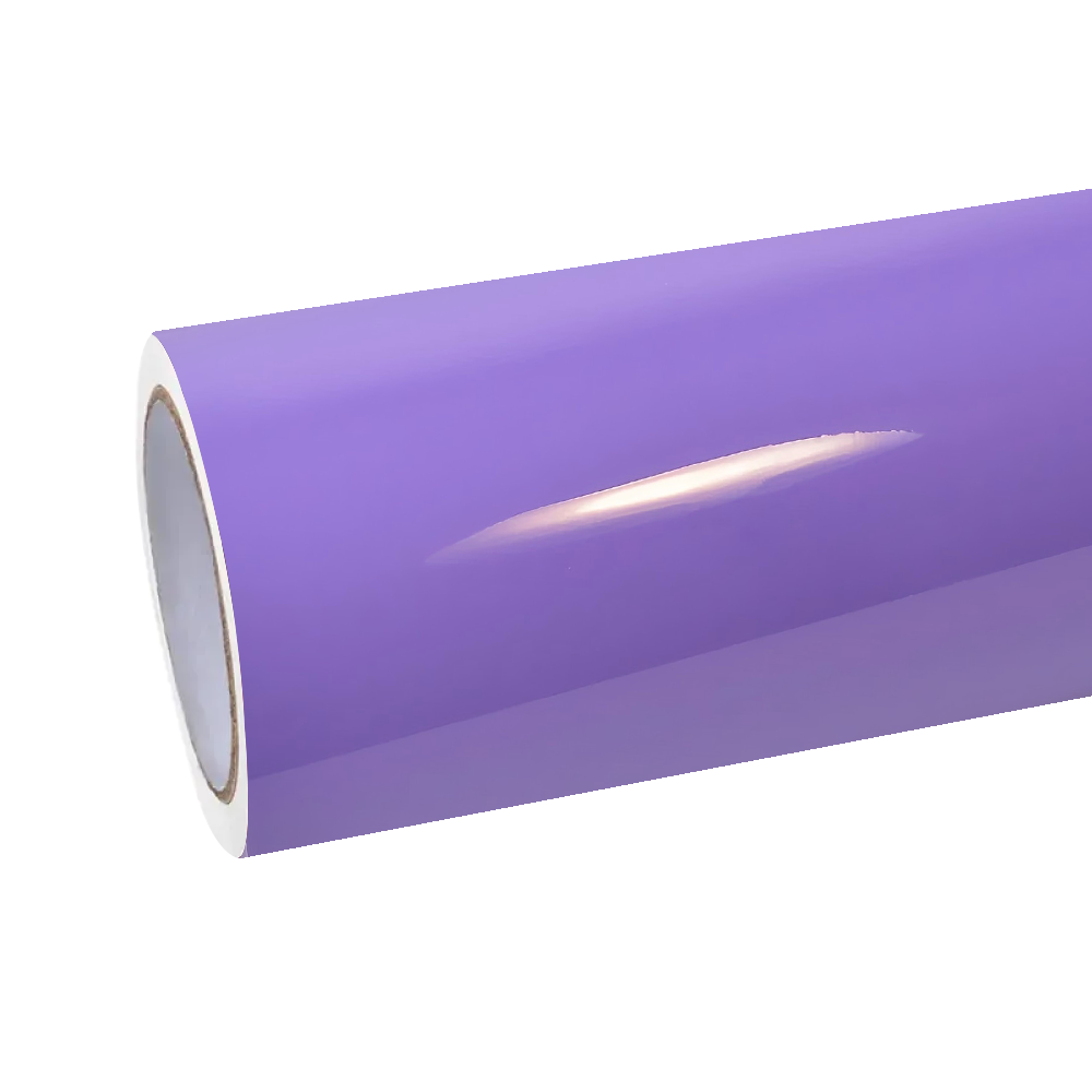 Showcase of a premium gloss lavender purple car vinyl wrap roll with advanced PET liner, highlighting the orange-peel-free smooth material texture for professional auto styling.