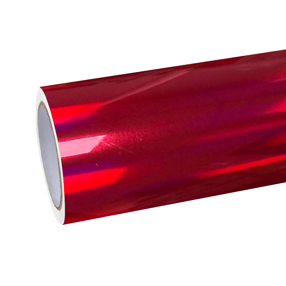 ALUKOCARWRAP Gloss Red Holographic Chrome Laser Car Vinyl Wrap sheet, showcasing the raw mirror-like metallic chrome film layer.
