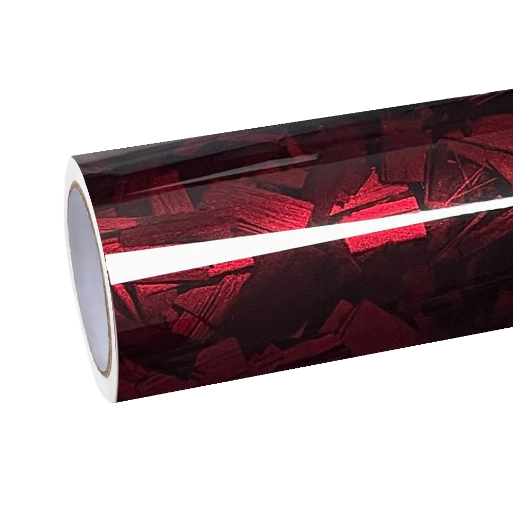 Showroom display of a full vehicle wrapped in ALUKOCARWRAP Red Forged Car Wrap, showcasing the vibrant PET Gloss Red Car Wrap.