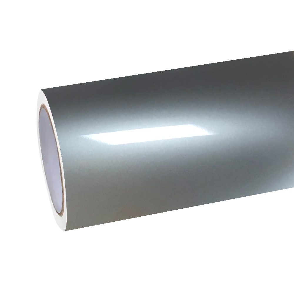 Studio roll profile of ALUKOCARWRAP Gloss Liquid Shiny Silver Car Vinyl Wrap PET, showcasing its ultra-flat mirror-like molten metal reflection.